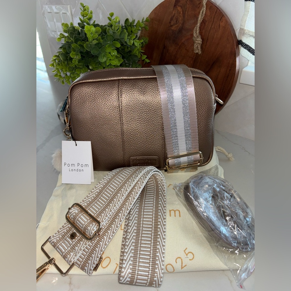 Pom Pom pompom London metallic bronze City Crossbody Bag purse strap bundle NWT